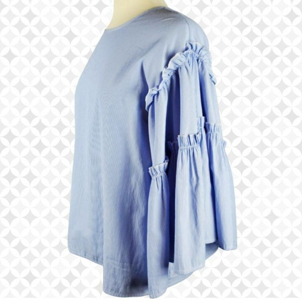 dRA Los Angeles blue & white pin striped wide ruffled bell sleeved blouse Sz M - Picture 5 of 10